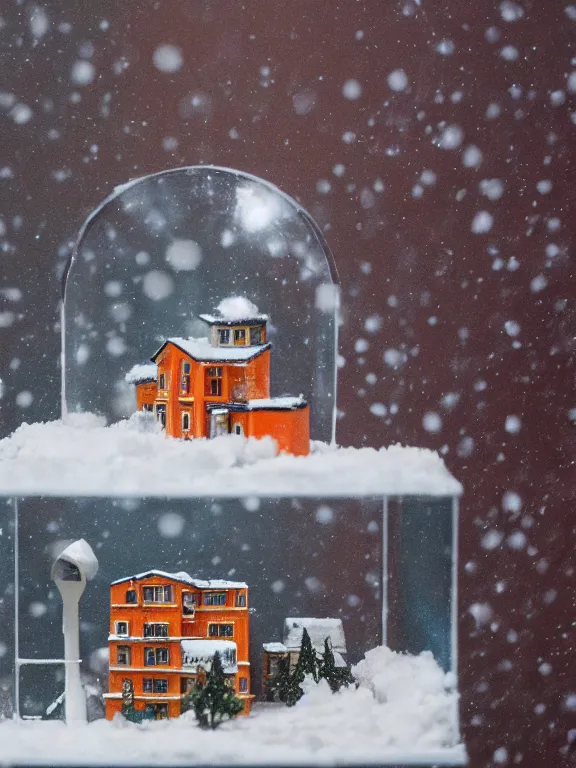 Prompt: snow globe diorama of tiny soviet residential building, lights are on in the windows, cozy atmosphere, fog, cold winter, snowing, streetlamps with orange volumetric light, birches