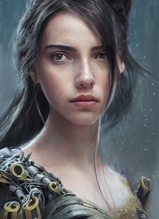 Image similar to a professional portrait of a beautiful young female, clothed in ethereal battle armor, olive skin, long dark hair, beautiful bone structure, symmetrical facial features, intricate, elegant, digital painting, concept art, smooth, sharp focus, finely detailed, illustration, from Valerian and the City of a Thousand Planets, in the style of Ruan Jia and Mandy Jurgens and Artgerm and Greg Rutkowski and William-Adolphe Bouguerea