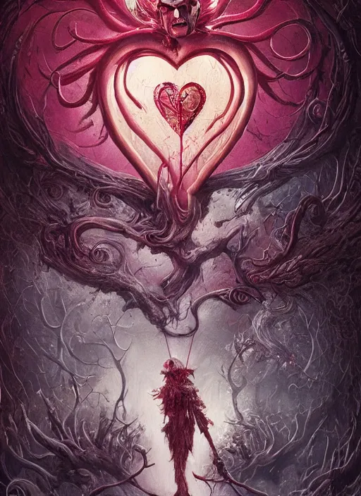 Prompt: the knave of hearts, death tarot card, highly detailed, cinematic, 8 k, by megan duncanson, benjamin lacombe, adrian borda, stanley artgermm, tom bagshaw, craig mullins, carne griffiths, ayami kojima, beksinski, giger, trending on deviantart, hyper detailed, horror, full of colour