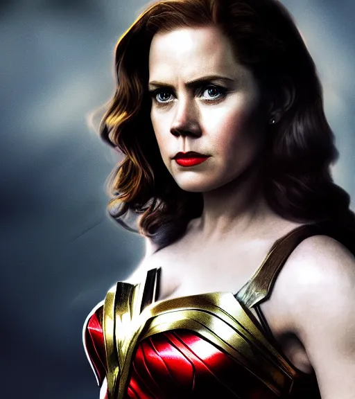 Prompt: a potrait of Amy Adams potrayed as Wonder Woman, Directed by Zack Snyder, Christopher Nolan, Sam Raimi, 8k photorealistic, cinematic lighting, HD, high details, dramatic, trending on artstation, above view, dark atmosphere,