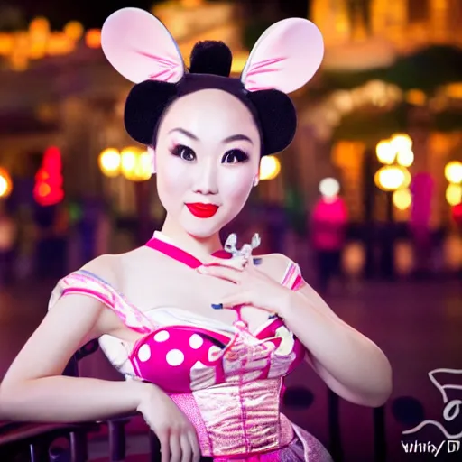 Image similar to beautiful bald chinese woman with pinup girl makeup at disneyland wearing mouse ears, night, highly detailed, theatrical lighting, sharp focus, unreal engine, epic cinematic hyperrealism masterpiece