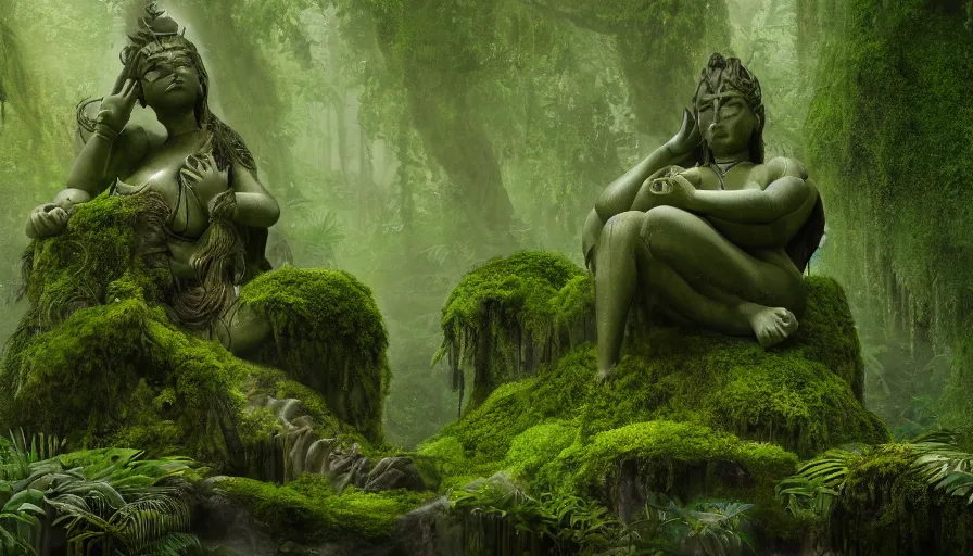 Prompt: concept art of a gargantuan statue of a goddess meditating, deep in the jungle, overgrown, covered in moss, ambient lighting, mist