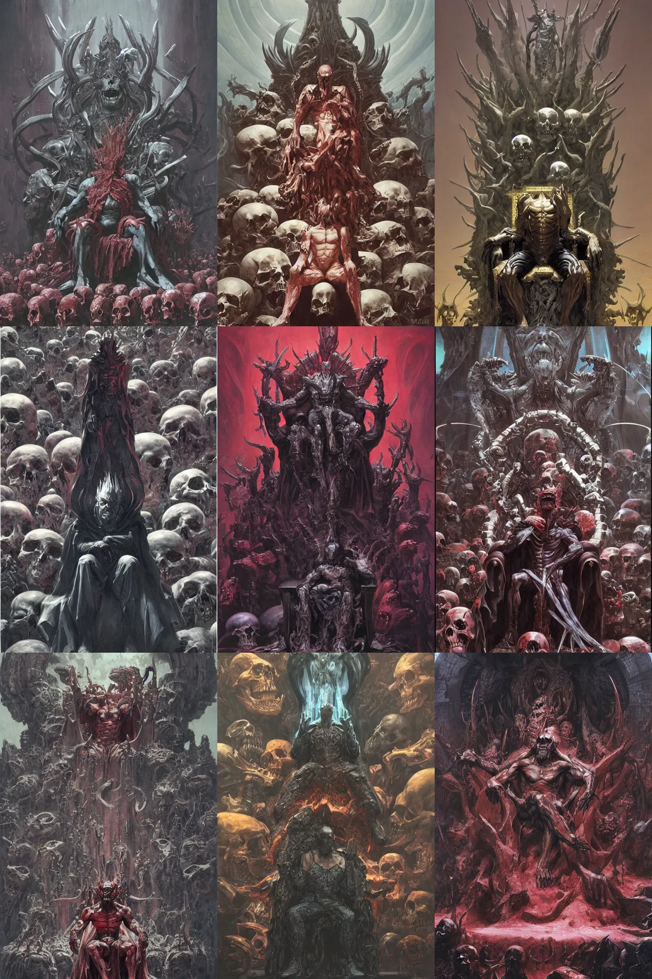 Prompt: an evil god sitting on his throne in the midst of skulls, artstation, painted by Wayne Barlowe, Zdislav Beksinsk