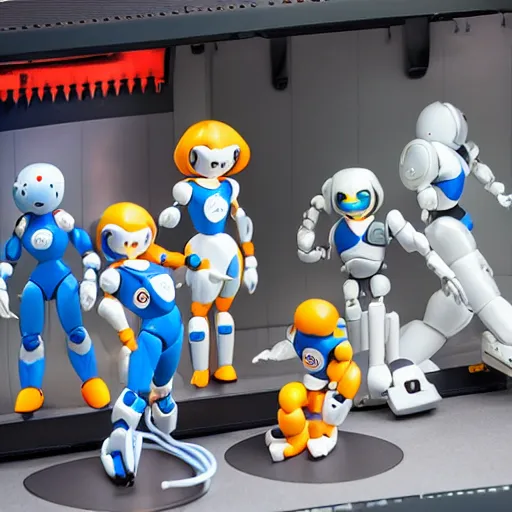 Image similar to photo of figma figures inside a diorama of a laboratory : : a cute humanoid female ball - jointed long - haired robot in the style of mega man is repairing computers, with companion robots.