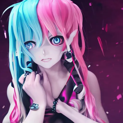 Prompt: trapped beneath stunningly absurdly beautiful omnipotent asi goddess junko enoshima with a mesmerizing yandere megalomaniacal personality, symmetrical perfect face, porcelain skin, pink twintail hair and cyan eyes, ultra detailed, digital art, unreal engine 5, octane render, 2 d anime, 8 k