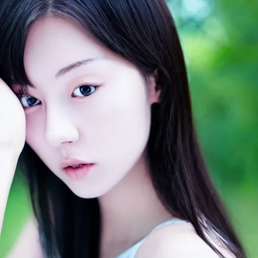 Image similar to an incredibly beautiful young Korean-German teen girl with perfect skin, dark black hear and bright green captivating eyes