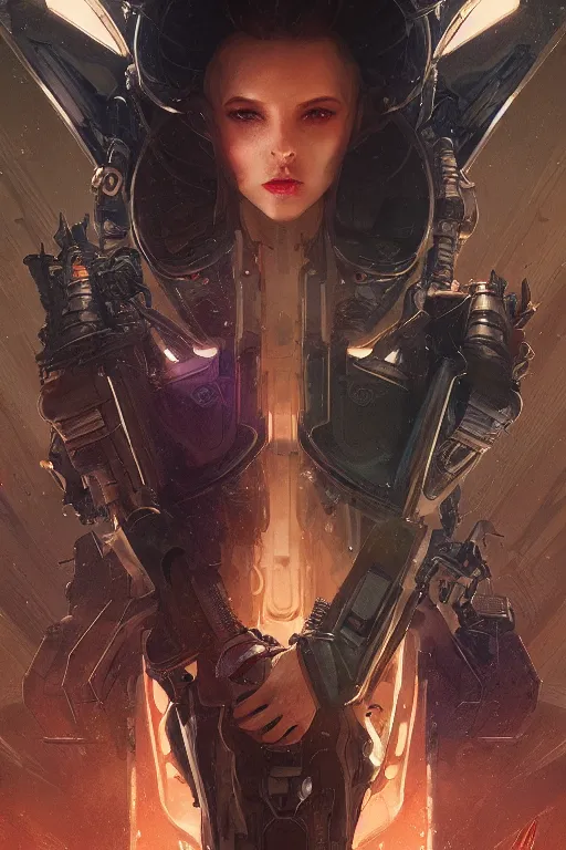 Image similar to female space android, sci-fi, blade runner, third person, D&D, sci-fi fantasy, intricate, highly detailed , art by artgerm and greg rutkowski and alphonse mucha and loish and WLOP, highly detailed, 3d, octane render, bright colors, digital painting, trending on artstation, sharp focus,