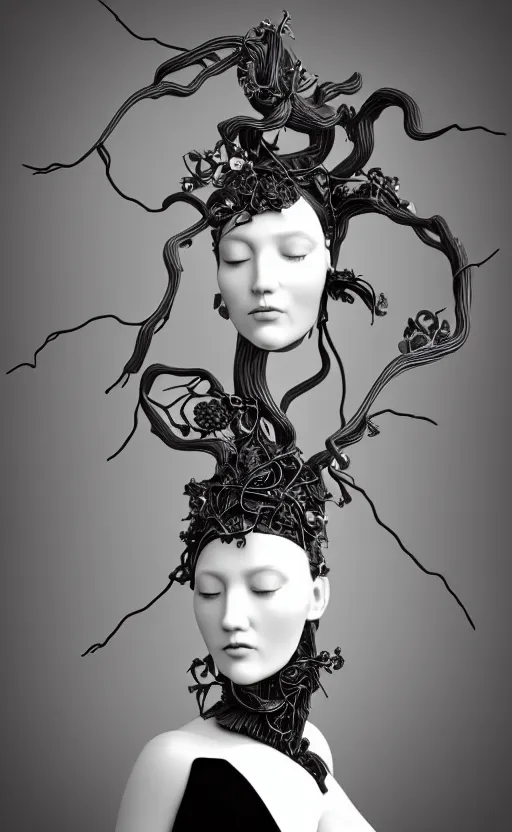 Image similar to black and white complex 3d render of 1 beautiful profile woman porcelain face, vegetal dragon cyborg, 150 mm, sinuous silver metallic ghost orchid and magnolia stems, roots, leaves, fine foliage lace, maze-like, black metalic carbon armour with silver details fractal, anatomical, surrounded by smoke, facial muscles, cable wires, microchip, elegant, highly detailed, rim light, octane render, H.R. Giger style, David Uzochukwu