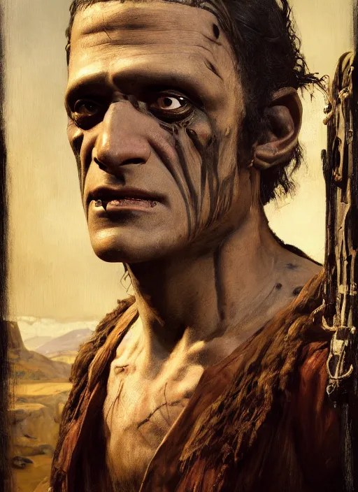 Prompt: frankenstein. Old west bounty hunter (rdr2). Iranian orientalist portrait by john william waterhouse and Edwin Longsden Long and Theodore Ralli and Nasreddine Dinet, oil on canvas. Cinematic, hyper realism, realistic proportions, dramatic lighting, high detail 4k