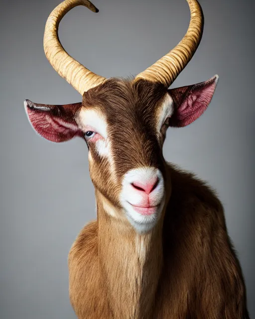 Image similar to headshot of satyr looking angry ellen degeneres with yellow goat like eyes, goat horns, and large goat ears, studio lighting, 8 k, photo shoot, 9 inch kershaw soft focus lens f / 5. 6