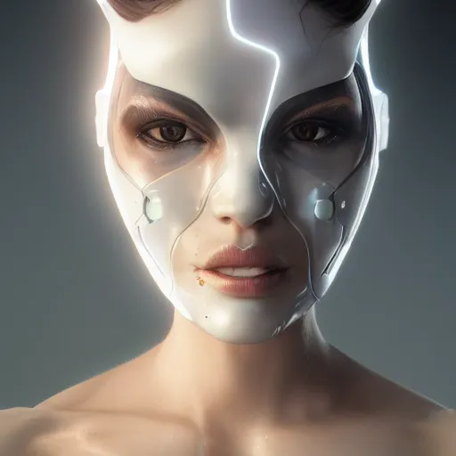 Prompt: A close-up portrait of a beautiful female cyborg wearing a cracked porcelain mask, exposed inner structure, glowing white pupils, wlop, trending on artstation