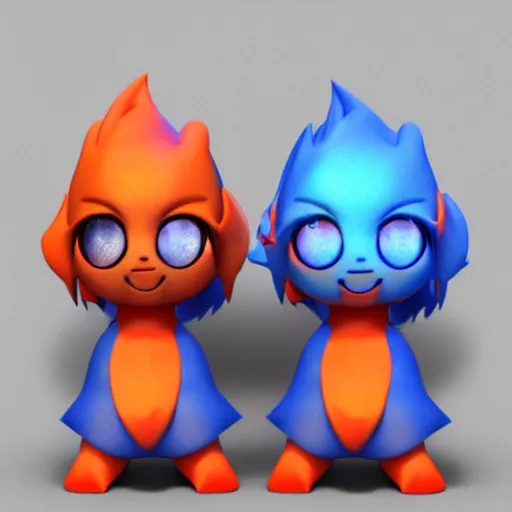 Prompt: cute fumo plushes of a set of red and blue twins who are masters of fire and ice magic respectively, outline glow, particle simulation, blue and orange lens flare, vray