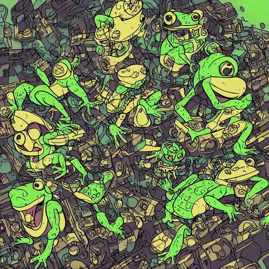 Image similar to toad head, ryuta ueda artwork, breakcore, style of jet set radio, y 2 k, gloom, space, cel - shaded art style, frogs, amphibians, sacred geometry, data, minimal, code, cybernetic, dark, eerie, cyber