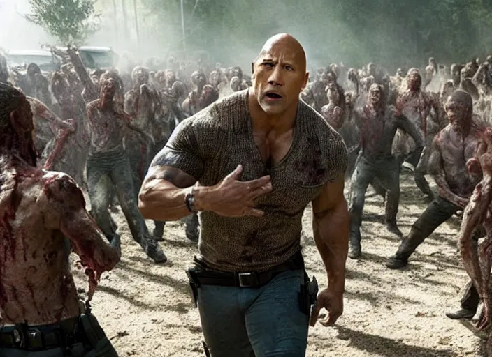 Image similar to film still of dwayne the rock johnson surrounded by zombies in the new walking dead tv series, 4 k