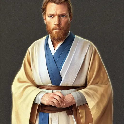 Image similar to Portrait of Obi-Wan Kenobi wearing a traditional Japanese kimono and holding a blue lightsaber, intricate, elegant, highly detailed, digital painting, artstation, concept art, smooth, sharp focus, illustration, art by artgerm and greg rutkowski and alphonse mucha and andrei riabovitchev