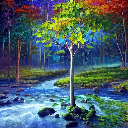 Image similar to A beautiful, highly detailed, very realistic oil painting of a single tree with rainbow leaves, next to a small river, glowing bright blue in the middle of a huge, very dark cave, with lots of dark grey rocks, oil painting by Afremov and Greg Rutkowski.