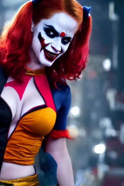 Image similar to film still of Salma Hayek as Harley Quinn in Joker, 4k