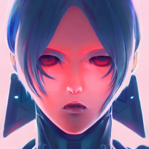 Image similar to digital cyberpunk anime character concept art gorgeous small female android cyborg - angel glowing red left eye and glowing blue right eye large angelic wings, wlop, rossdraws, sakimimichan, ilya kuvshinov, krenz cushart, greg rutkowski.