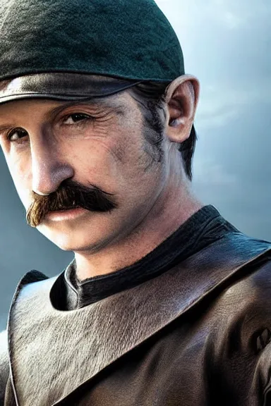 Image similar to very very intricate photorealistic photo of a realistic human version of luigi wearing his hat in an episode of game of thrones, photo is in focus with detailed atmospheric lighting, award - winning details