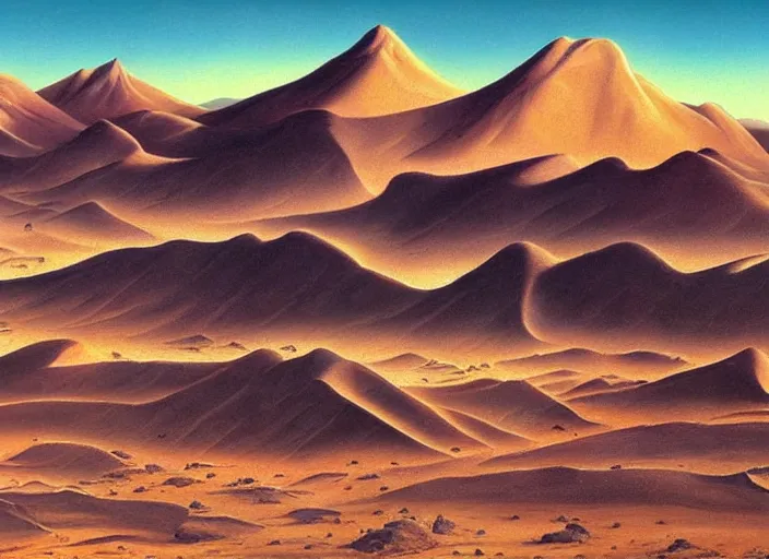 Prompt: painting of a desert landscape with mountains in the background, an airbrush painting by clarence holbrook carter, pinterest, american scene painting, terragen, matte painting, apocalypse landscape