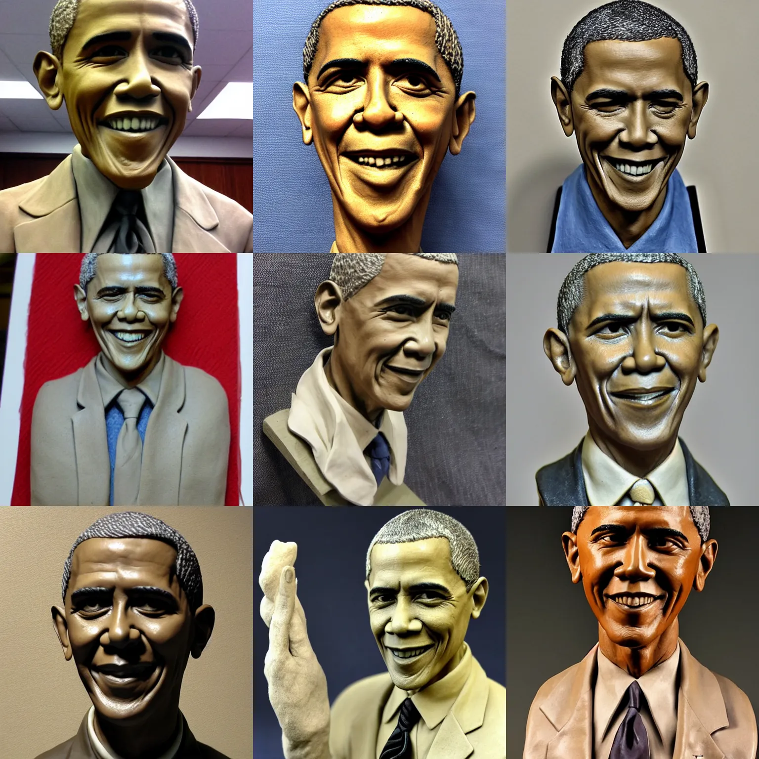 Prompt: art class clay sculpture of barack obama with shoddy wax resist coloring award winning art photography