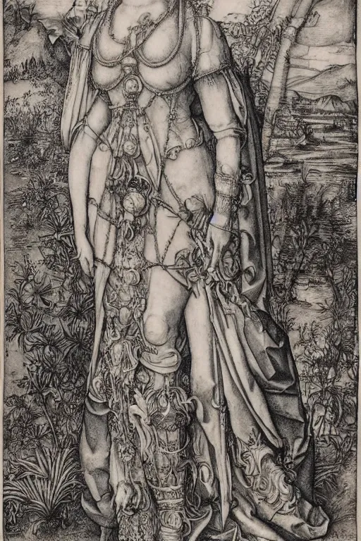 Image similar to albrecht durer, albrecht altdorfer, hans holbein, lucas cranach, gustave dore, engraving-style tattoo of regal female boddhisatva with the attributes of Diana, Athena, Guanyin, Shakti, Deborah, and Seshat, wearing a robe, standing gracefully upon a lotus, surrounded by egrets and northern wetland flora