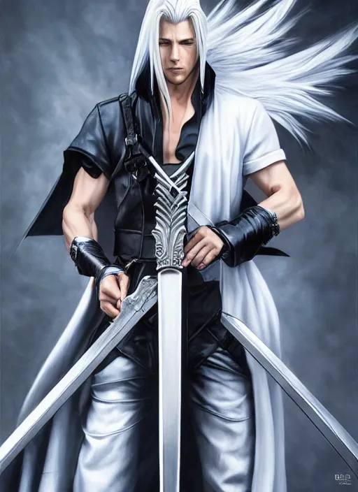 Prompt: sephiroth from final fantasy posing for art, beautiful, sharp detail, realistically detailed shading, 8 k, hyper realistic art, photo realism, robin eley, artstation, hyper realistic oil painting