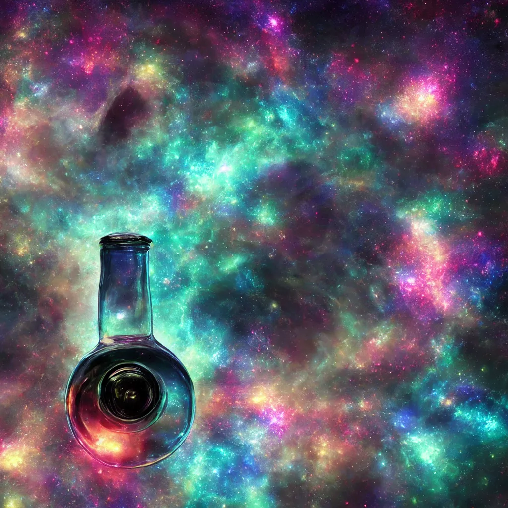 Prompt: a galaxy inside a bottle made of stars, space, nebulas stars Dmt Psychedelic cosmos, cosmic, Hallucination, night sky; 8k, artstation, unreal engine, octane render, hdr, surrealistic, hyperrealism, glow, photorealistic, volumetric lighting, Dreamy, dynamic, mystical