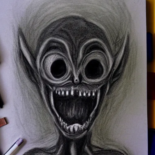 Image similar to a creepy monster, black chalk, professionally illustrated by a kid