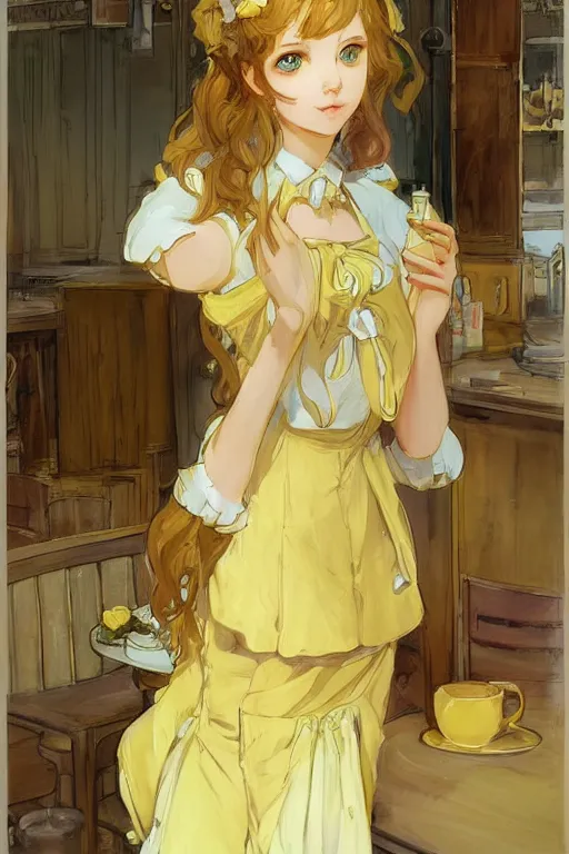 Image similar to A girl in a maid's outfit in a cafe a afternoon, wavy hair yellow theme,S line,45 angel by krenz cushart and mucha and trnyteal