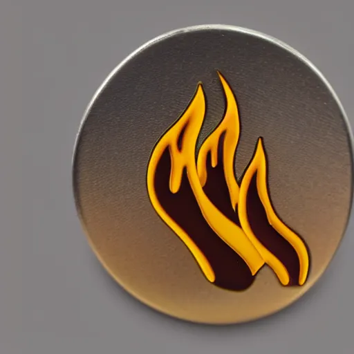 Prompt: a photo of a retro minimalistic fire flame warning enamel pin, use of negative space allowed, smooth curves