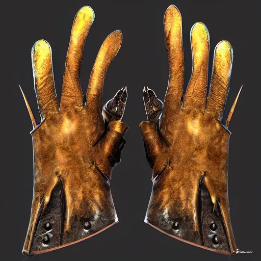 Image similar to metal claws on gloves, old leather gloves with attached talons, pointy fingertips, dark background, highly detailed, 8 k, trending on artstation, mystic, rpg artwork, by peter jackson, by sauron