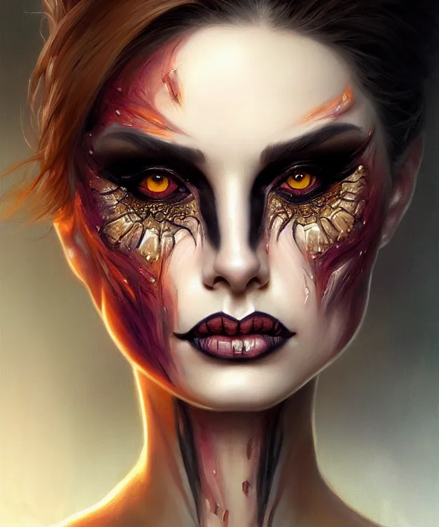 Image similar to Halloween makeup woman portrait, sci-fi, amber eyes, face, long hair, fantasy, intricate, elegant, highly detailed, digital painting, artstation, concept art, smooth, sharp focus, illustration, art by artgerm and greg rutkowski and alphonse mucha