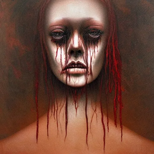 Image similar to dramatic portrait painting of sad woman with black mandelbrot fractal instead of face, in style of zdzisław beksinski, horror, body horror, dark, disturbing,