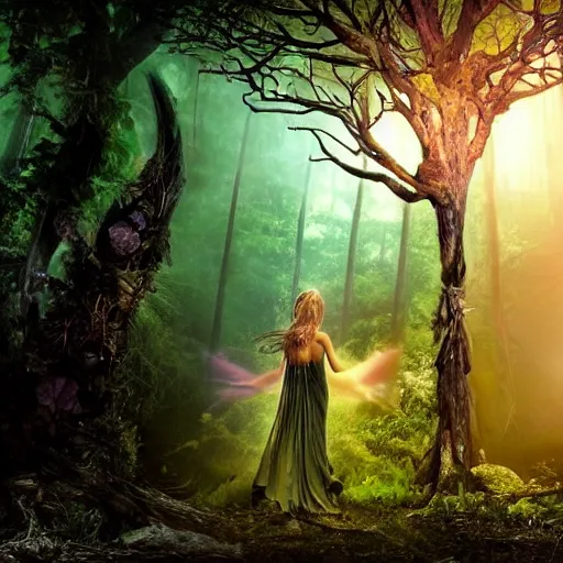 Prompt: a goddess of beauty walking towards a ravenous, ominous portal to hades embedded in a creepy tree in a densely overgrown, magical jungle, fantasy, dreamlike sunraise, stopped in time, dreamlike light incidence, ultra realistic