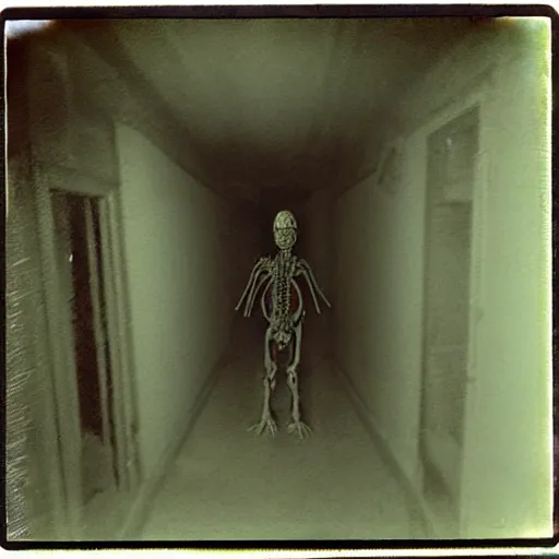 Image similar to a terrifying fungus zombie at the end of a hallway, dark!, creepy, nightmare fuel!!!, horror, horrifying, unsettling, uncanny valley!, old polaroid, expired film,