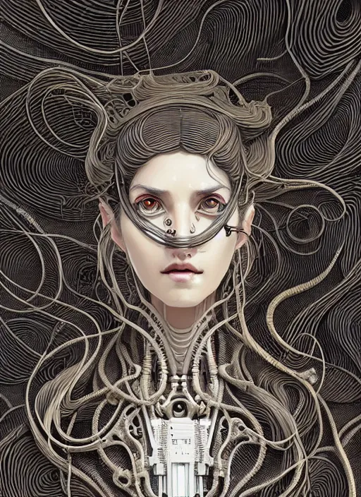 Image similar to highly detailed portrait of a biomechanical long curly white hair tribal lady, stray wiring by atey ghailan, james gilleard, by joe fenton, by greg rutkowski, by greg tocchini, by kaethe butcher, 4 k resolution, gradient yellow, black and white color scheme!!! ( ( robotic honeycomb sandy desert brick pyramid background ) )