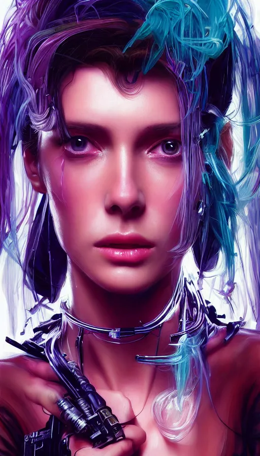 Image similar to cyberpunk, perfectly-centered-Portrait of the most beautiful woman on the planet, 80s fashion, high fashion, sweaty, high heels, insane, intricate, highly detailed, digital painting, artstation, concept art, smooth, sharp focus, illustration, Unreal Engine 5, 8K, art by artgerm and greg rutkowski and alphonse mucha