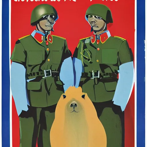 Image similar to soviet propaganda poster depicting a capybara in military uniform