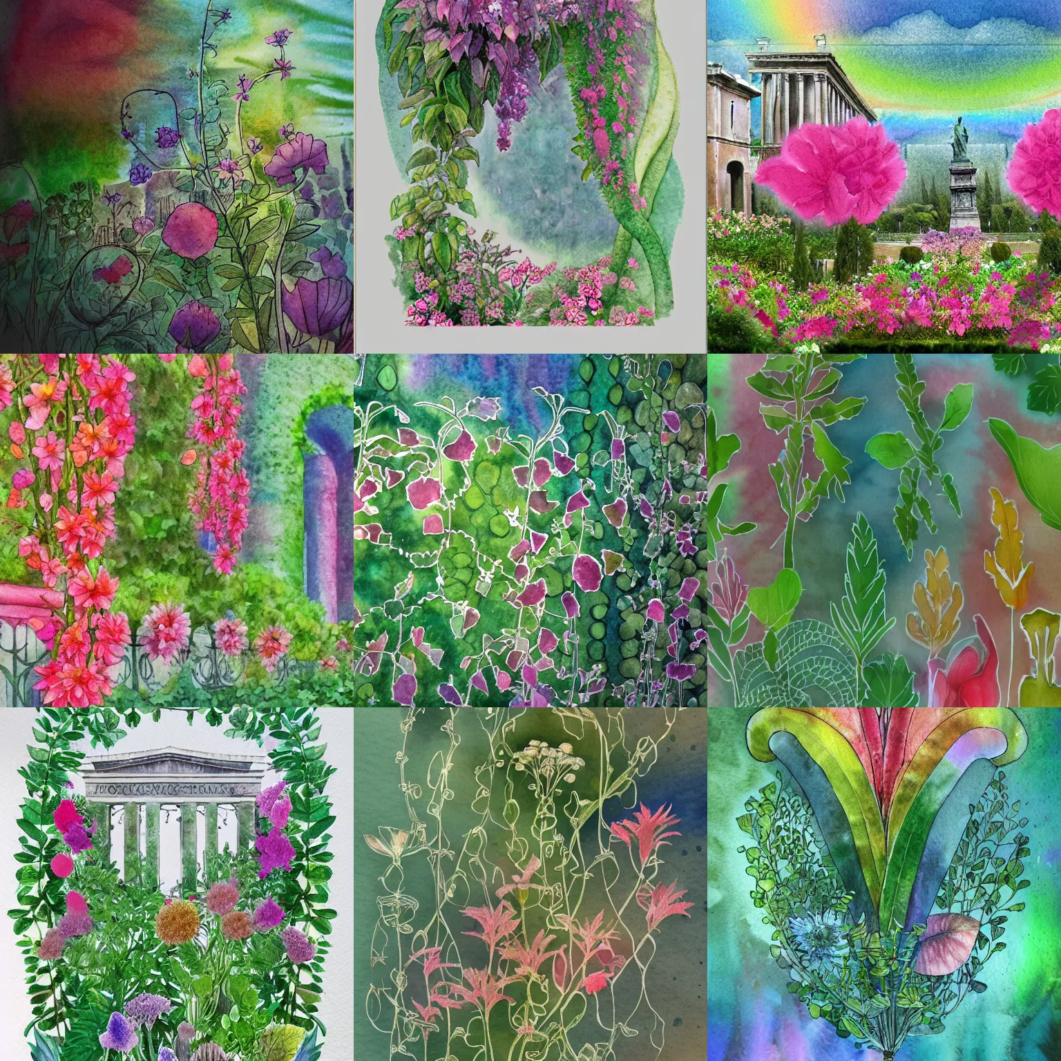 Prompt: delicate garden on paper floating puffy vines botanical herbarium botanic watercolors iridescent 8 k wide angle realistic artstation italian rainbow neoliberty architecture pompeii