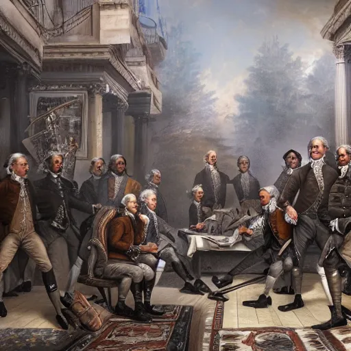 Image similar to founding fathers of america getting raided by swat, highly detailed painting, 4 k resolution photorealistic, high resolution, vray, hdr, hyper detailed, insane details, intricate, elite, ornate, elegant, luxury, dramatic lighting, octane render, weta digital, micro details, 3 d sculpture