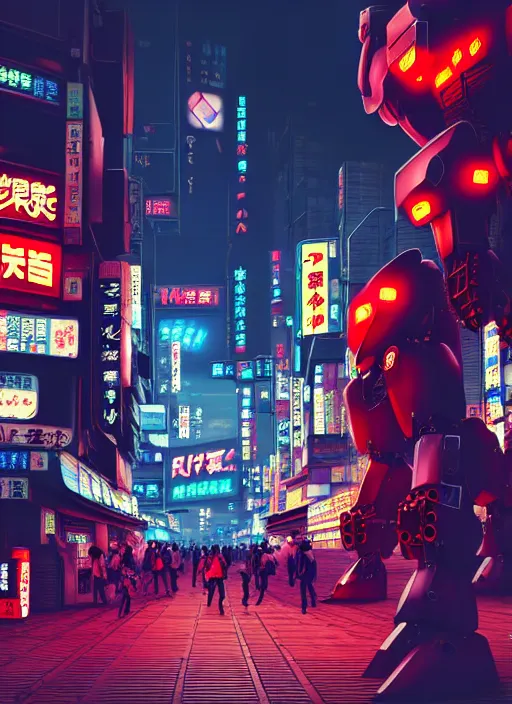 Prompt: market in japan, cyberpunk style, giant mecha - warrior in battle pose in center of field on first plan, bright neon signs, larry elmore, octane render, 3 d render, hard surface, masterpiece, trending on artstation, featured on pixiv, cinematic composition, hyper - detailed, hd, hdr, 4 k, 8 k