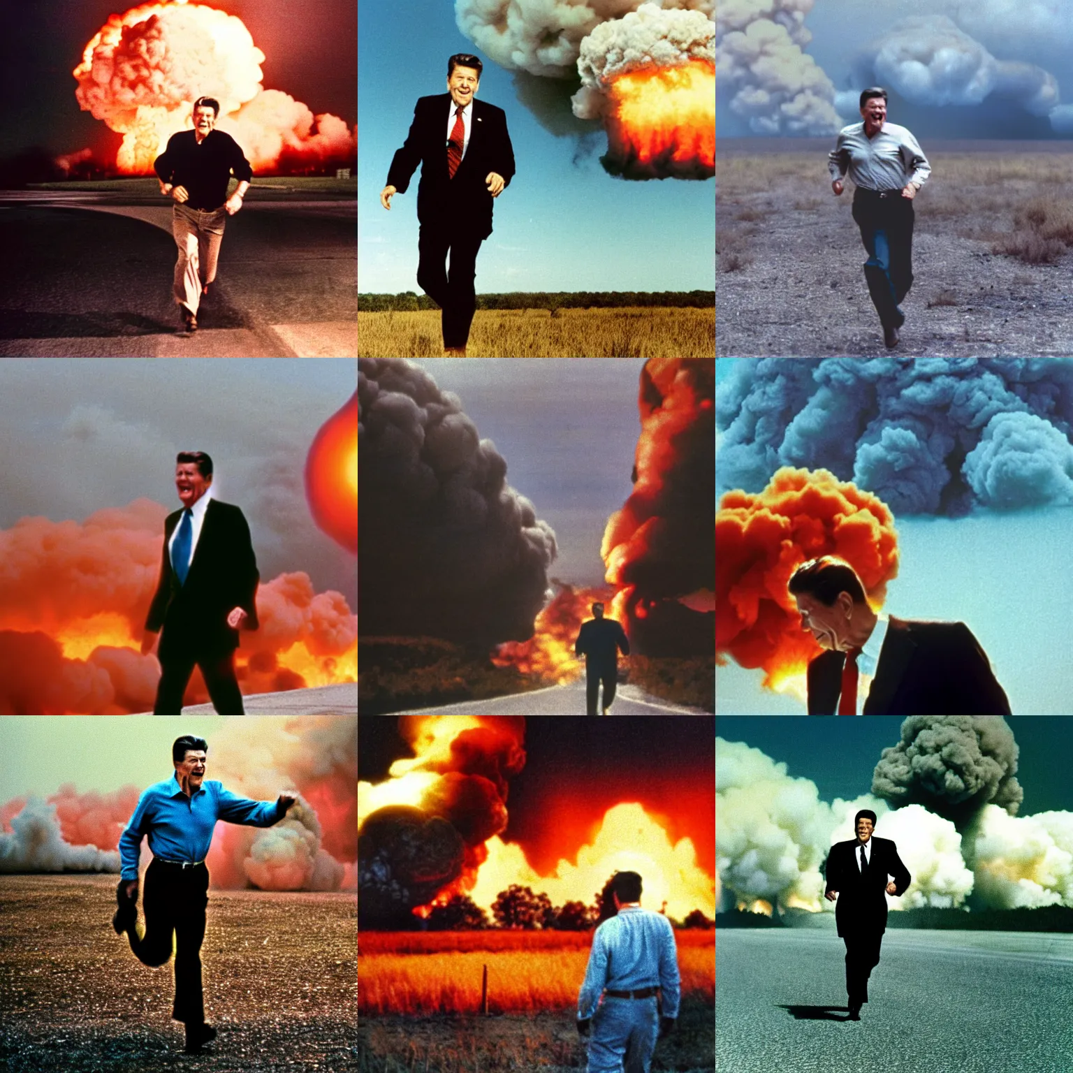 Prompt: cinestill of ronald reagan running from a nuclear blast, nuclear explosion, mushroom cloud