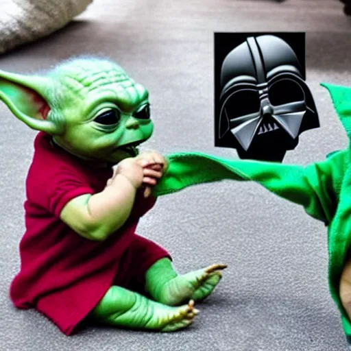 Image similar to baby yoda fighting baby Darth vader