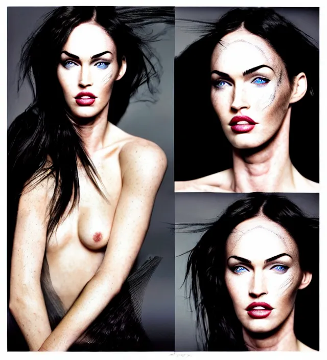 Image similar to photography facial portrait of megan fox, natural background, natural pose, wearing one organic futurist cape from iris - van - herpen, with a subtle colorfull - makeup. highly detailed, skin grain detail, photography by paolo roversi, nick knight, helmut newton, avedon, araki