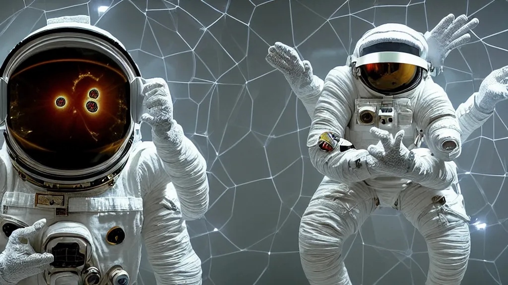 Image similar to a single astronaut eva suit covered in diamond 3d fractal lace iridescent bubble 3d skin and covered with insectoid compound eye camera lenses floats through the living room, film still from the movie directed by Denis Villeneuve with art direction by Salvador Dalí, wide lens,