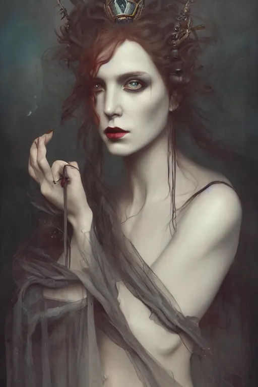 Prompt: a single portrait of the queen of darkness by Jovana Rikalo, by ruan jia, by austin osman spare, by tom bagshaw, a delicate oilpainting, highly ornamental