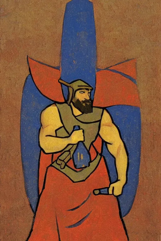 Image similar to thor holding the hammer, marvel, artwork by nicholas roerich,