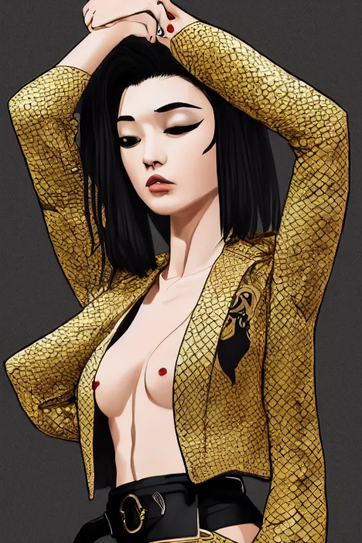 Image similar to yakuza slim girl, gold suit jacket in snake print, jacket over bare torso, yakuza tattoo Irezumi on body, black short curtain haircut, black leather pants with black belt, portrait, beautiful face, elegant, 2d, ultra highly detailed, digital painting, smooth, sharp focus, artstation, art by Ilya Kuvshinov, rossdraws