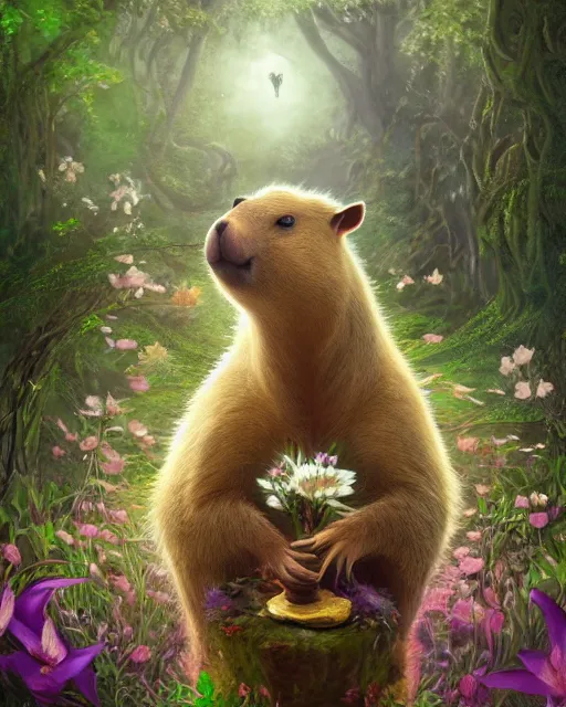 Image similar to Capybara playing Guitar in magical forest, portrait, wearing flower crown, magical notes, flowers, flower dress, birds, fairy atmosphere, magic the gathering artwork, D&D, fantasy, cinematic lighting, centered, symmetrical, highly detailed, digital painting, artstation, concept art, smooth, sharp focus, illustration, volumetric lighting, epic Composition, 8k, art by Akihiko Yoshida and Greg Rutkowski and Craig Mullins, oil painting, cgsociety